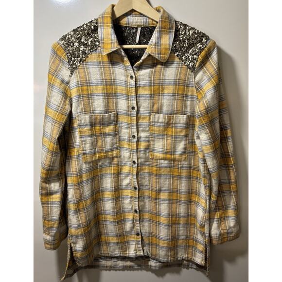 Free People Little Bit Of Sugar Sequin Button Up Flannel Shirt Yellow Plaid Sz L - Picture 4 of 10
